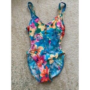 Vintage La Blanca Size 6 Swimsuit Flroal 1 Piece Plunge Front Low Back High Cut